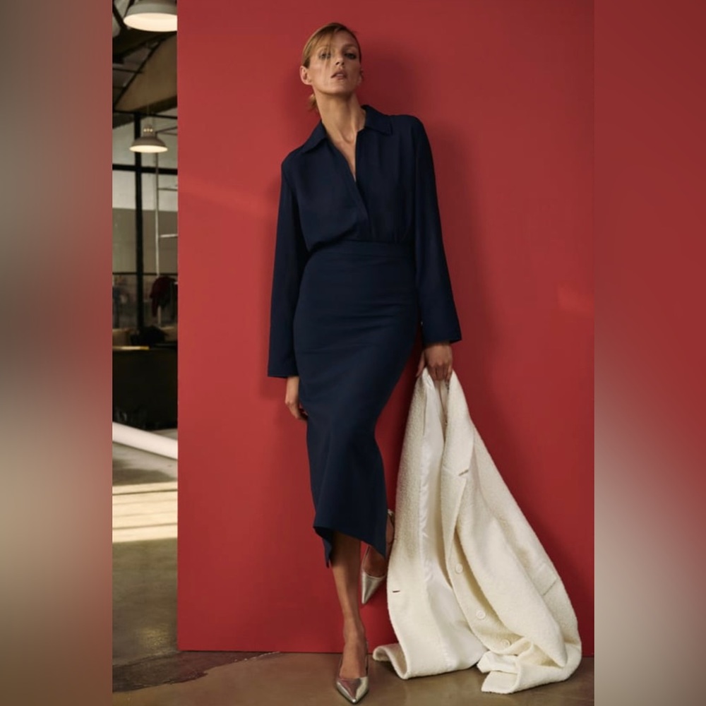 Zara Straight Slit Skirt Navy Blue